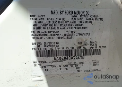 2019 Ford Ecosport Se z USA, uszkodzony, nr VIN MAJ6S3GL0KC296702